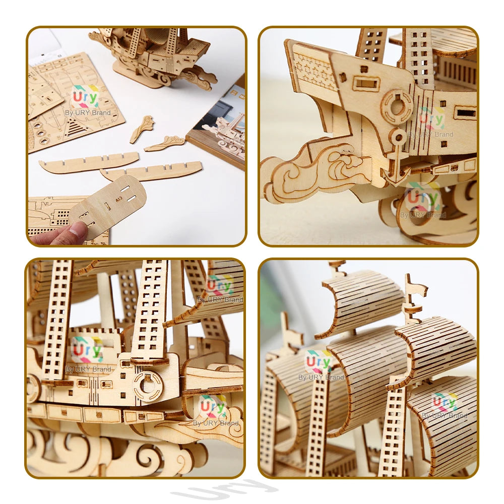 URY DIY 3D Wooden Puzzle Retro Style Sailboat Shipping Model Kits Toys Handmade Set Home Desktop Decoration Christmas Gifts