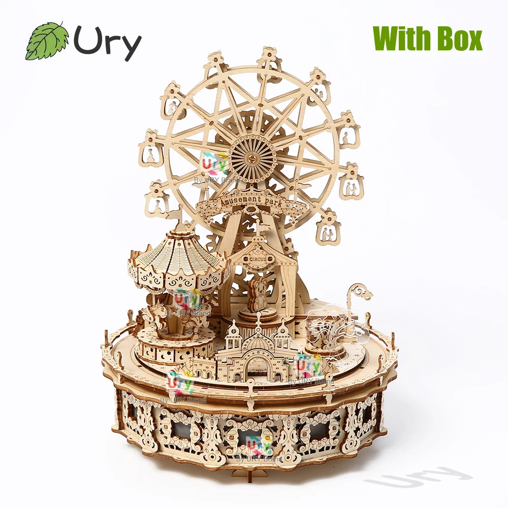 Ury 3D Wooden Puzzles Led Rotatable Ferris Wheel Amusement Park Music Octave Box Model Kit Assembly DIY Toy Gift for Kid Adult