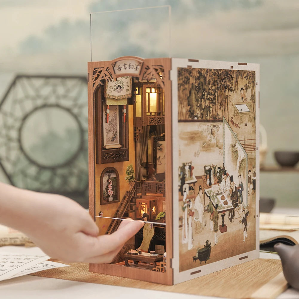 CUTEBEE Book Nook Dollhouse Kit With Touch Light Dust Cover DIY Miniature Doll House Toys For Birthday Gifts Ink Rhyme Bookstore