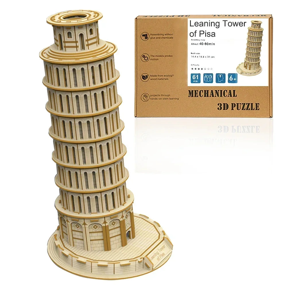 Ury 3D Wooden Puzzle Eiffel Tower Leaning of Pisa Famous European Classics Building World Architecture Model DIY Toys Decoration