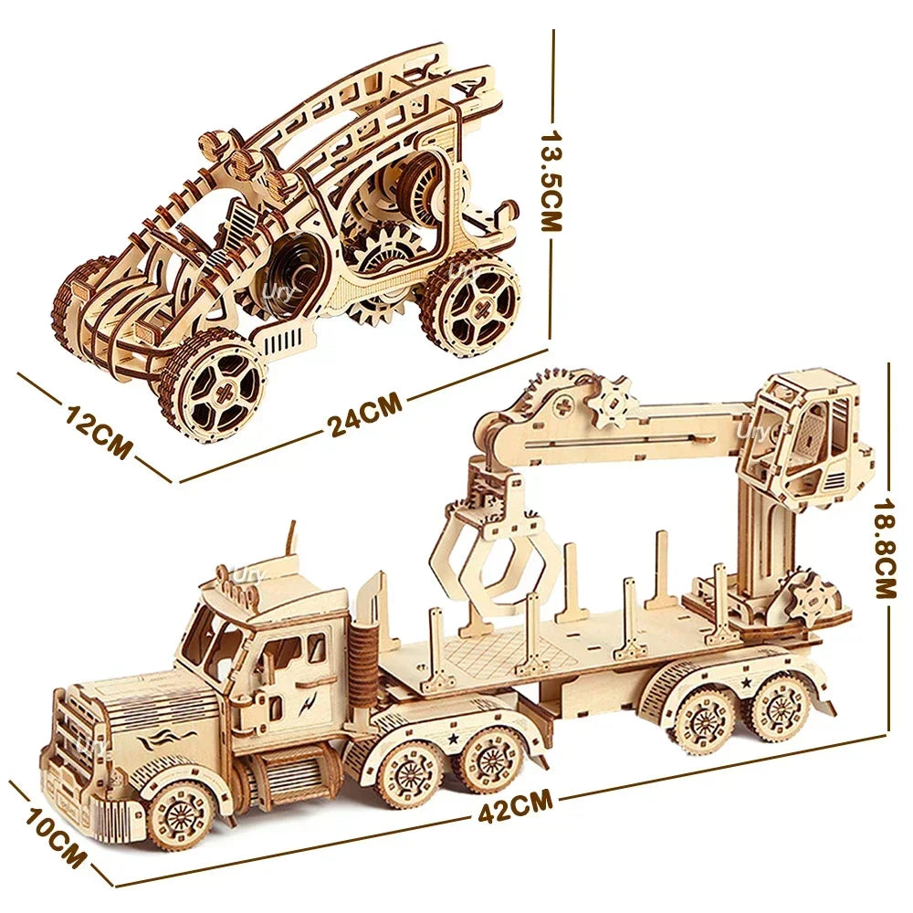 Ury 3D Wooden Puzzle Movable Retro Biplane Crane Bulldozer Handmade Assembly Truck Model DIY Toys Decoration Gift for Kids