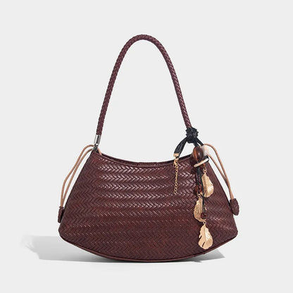 Handmade Weave PU Drawstring Tote Bags For Women Luxury Designer Handbags Purse 2025 New Vintage With Inner Pocket Shoulder
