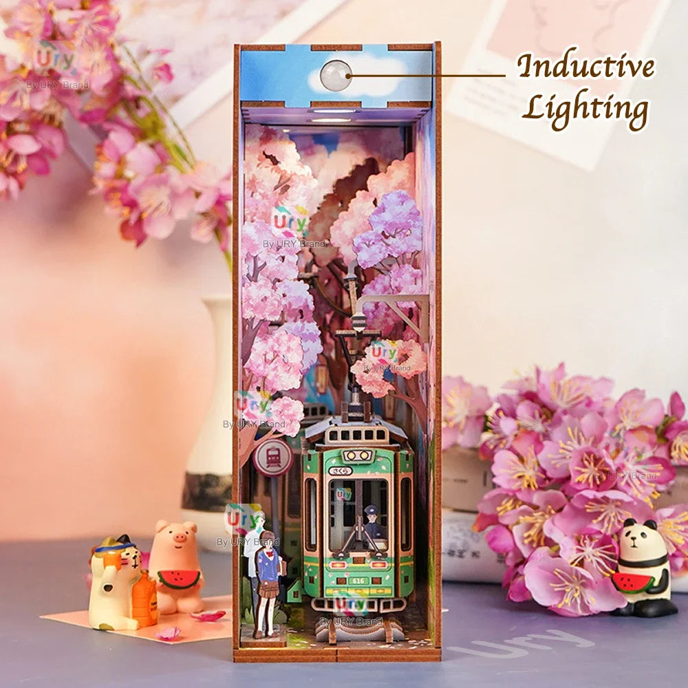 Ury 3D Wooden Puzzle Magic Japanese Style Cherry Blossoms Sakura Tram Station LED DIY Book Nook Shelf Insert for Girls Xmas Gift