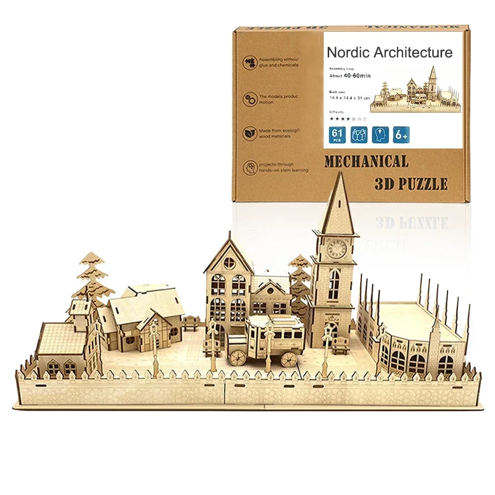 Ury 3D Wooden Puzzle Eiffel Tower Leaning of Pisa Famous European Classics Building World Architecture Model DIY Toys Decoration