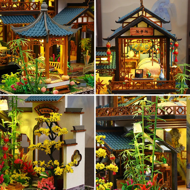 DIY Elegant Orchid Pavilion Miniature Kit - Handcrafted 3D Book Nook Model with Ancient Chinese Style, Creative Christmas Black