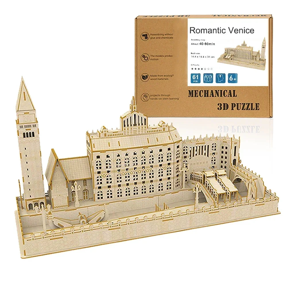 Ury 3D Wooden Puzzle Eiffel Tower Leaning of Pisa Famous European Classics Building World Architecture Model DIY Toys Decoration
