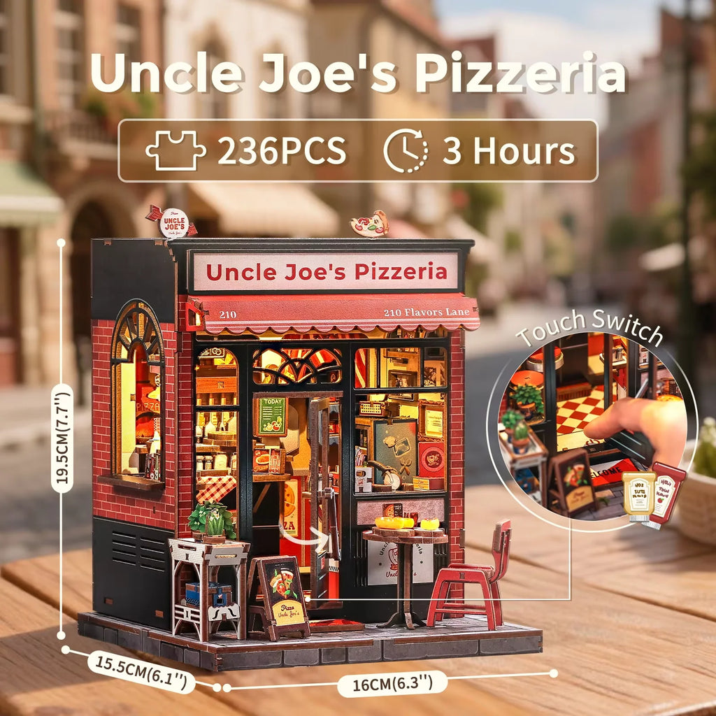 CUTEBEE Book Nook Kit DIY Doll House with LED Light Bookshelf Insert Uncle Joe's Pizzeria Miniature Model For Party Family Gift