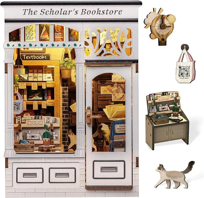 CUTEBEE DIY Book Nook Kit Wooden Bookstore Dollhouse with Light Miniature House Model for Bookshelf Creative Christmas Gift Idea