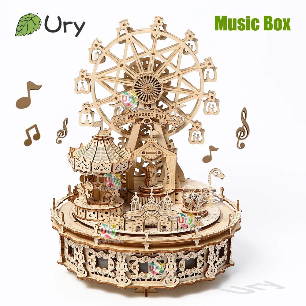 Ury 3D Wooden Puzzles Led Rotatable Ferris Wheel Amusement Park Music Octave Box Model Kit Assembly DIY Toy Gift for Kid Adult