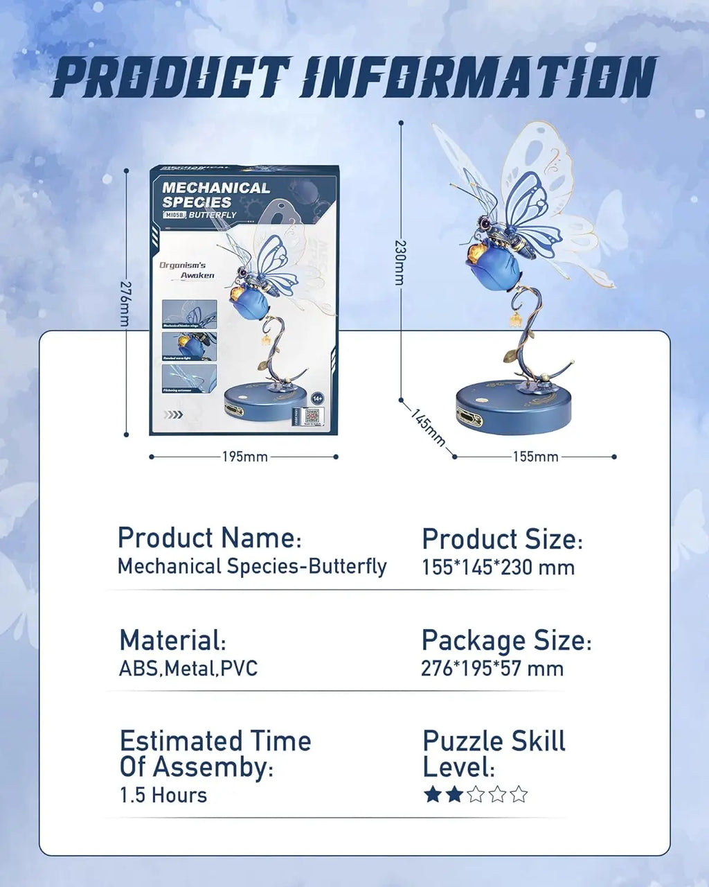 Robotime Rokr 3D Metal Puzzle Butterfly with LED Light of Industrial-style Building Block gift for Kids-MI05