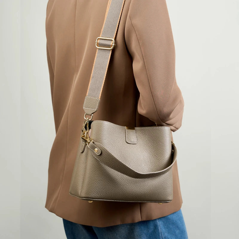 Burminsa Cowhide Genuine Leather Bucket Crossbody Shoulder Bags For Women 2025 Luxury Designer Top Handle Work Ladies Handbags