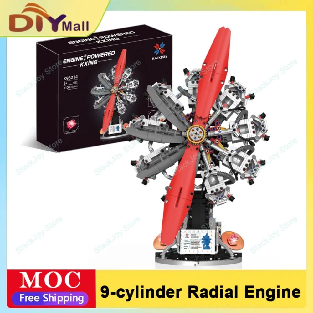 K96214 1100PCS Radial Aircraft Engine Model Light Version 9-Cylinder Building Kit with Realistic Mechanics for Adults  Teens