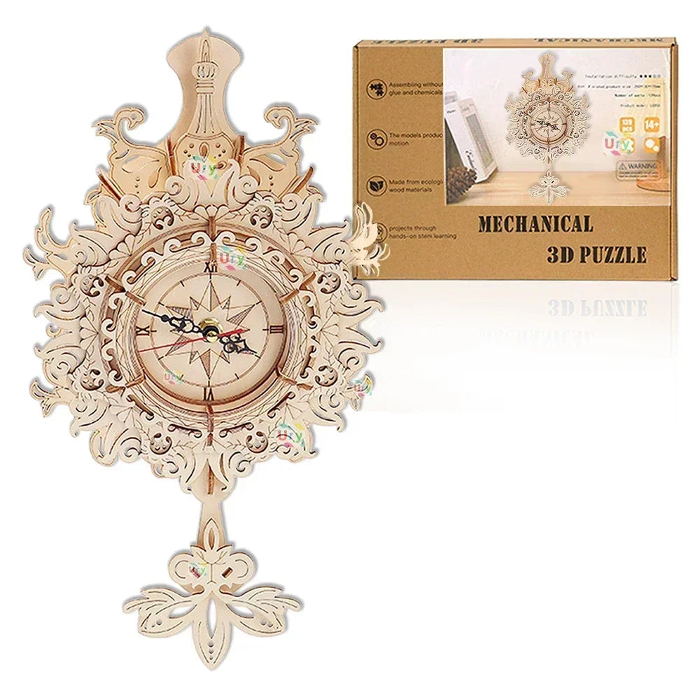 URY 3D Wooden Puzzle Retro Wall Clock Mechanical Model Building Luxurious Style Pendulum Assembly Home Decoration for Kids Gifts