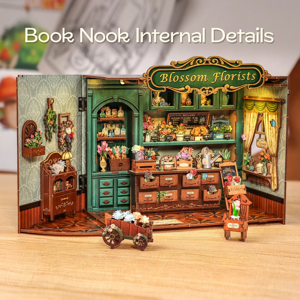 CUTEBEE Book Nook Kit DIY Doll House with LED Light Bookshelf Insert Blossom Florists Miniature Model For Birthday Family Gift