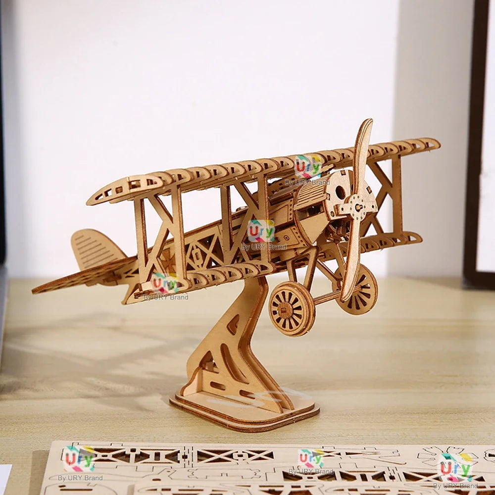 Ury 3D Wooden Puzzle Movable Retro Biplane Crane Bulldozer Handmade Assembly Truck Model DIY Toys Decoration Gift for Kids