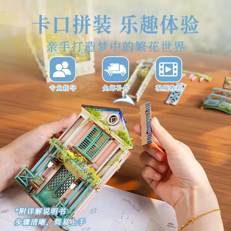 Tonecheer Monet Giverny Garden DIY Book Nook Bookend Diorama Model Kit 3D Wooden Puzzle Dollhouse Decoration Birthday Toys Gifts