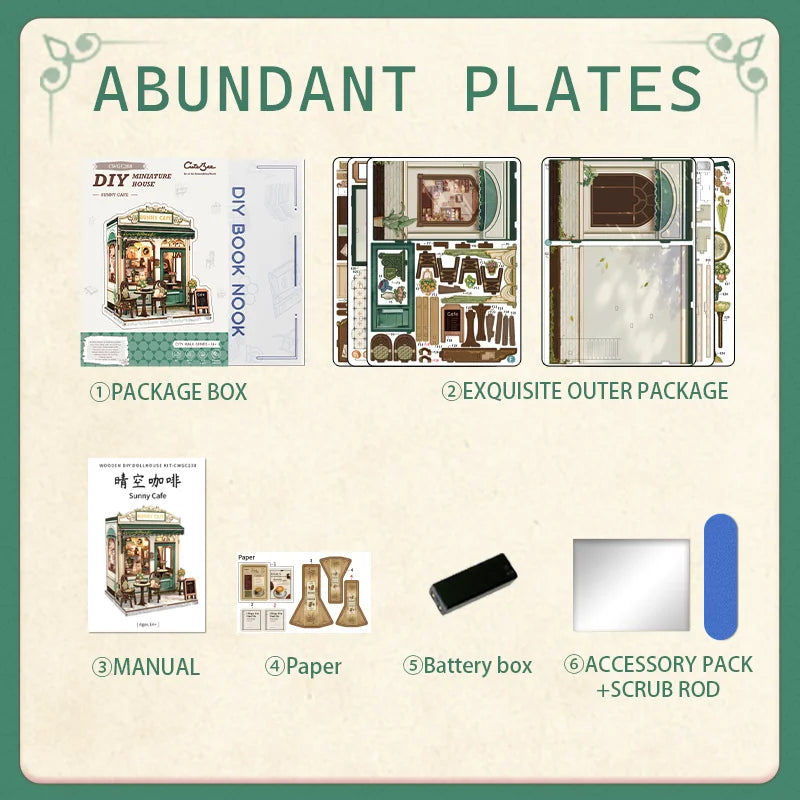 CUTEBEE Book Nook Kit DIY Doll House with LED Light Bookshelf Insert Sunny Cafe Miniature Model For Birthday Family Gift