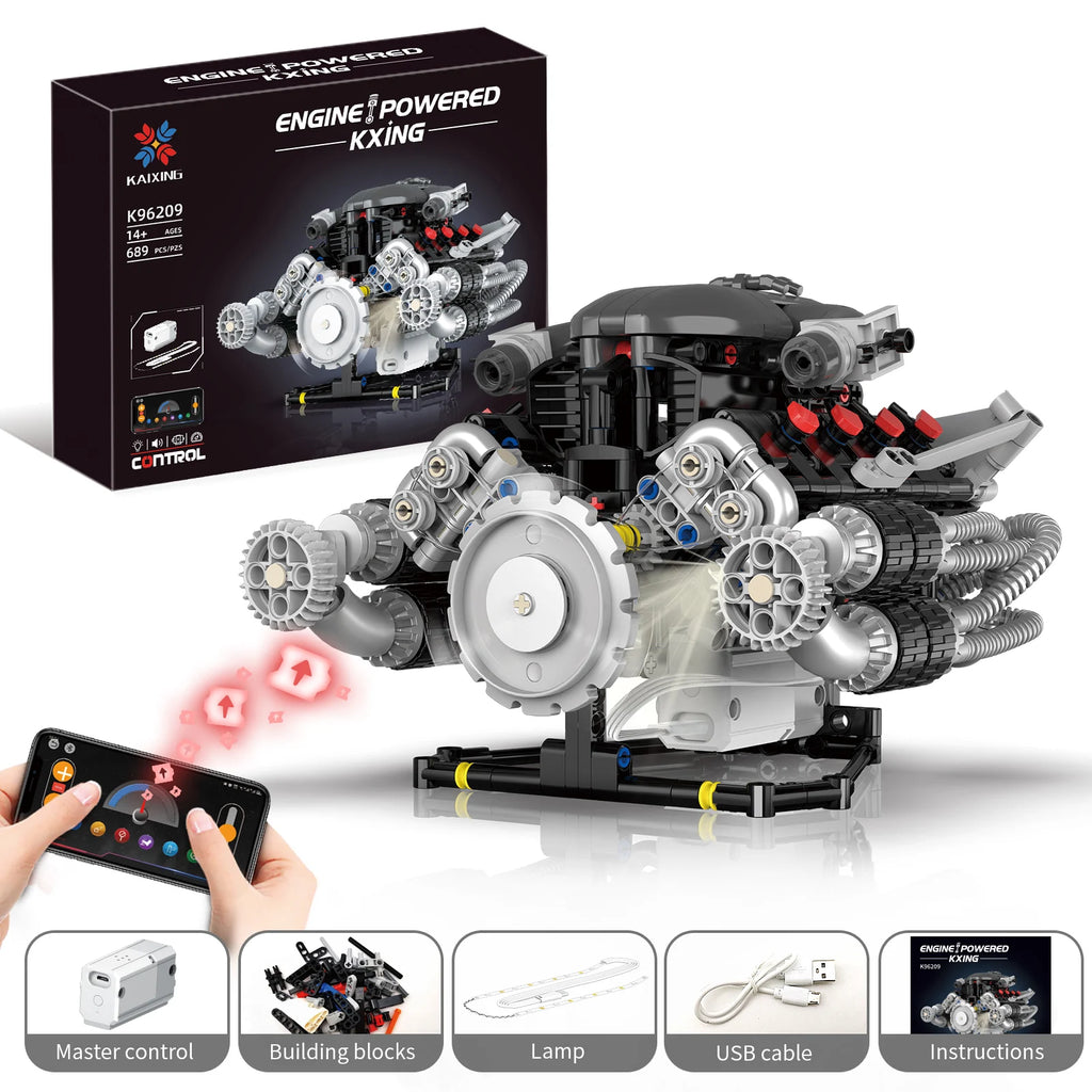 Supercar V8 Engine Technic Parts Block Model 689 Pellet Motor Drive with Light Ambience Perfect Gift for Boys Christmas Birthday