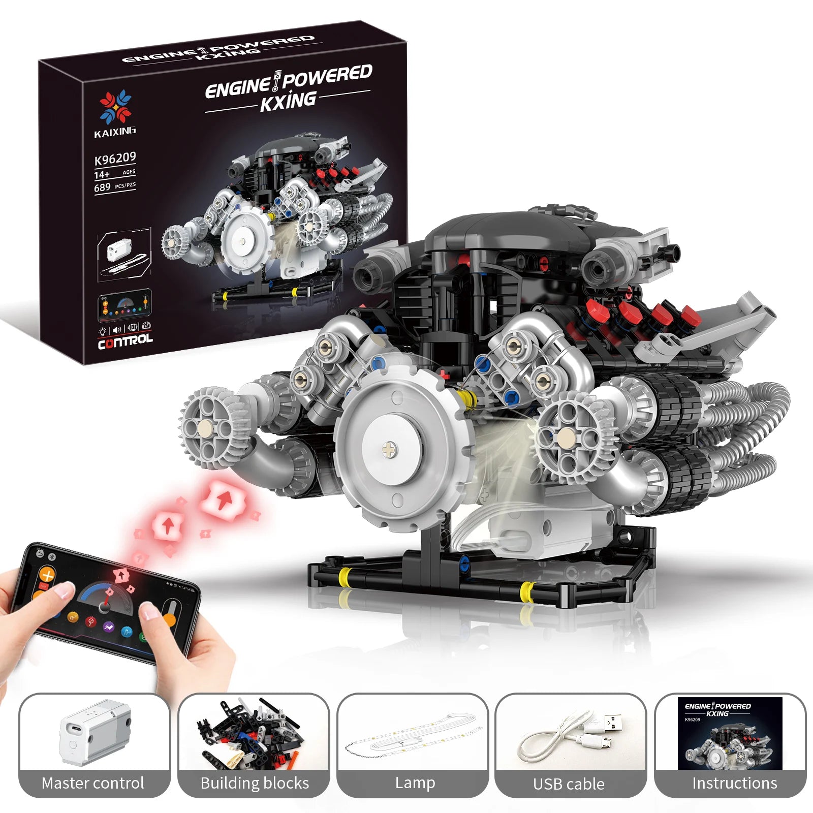 Supercar V8 Engine Technic Parts Block Model 689 Pellet Motor Drive with Light Ambience Perfect Gift for Boys Christmas Birthday