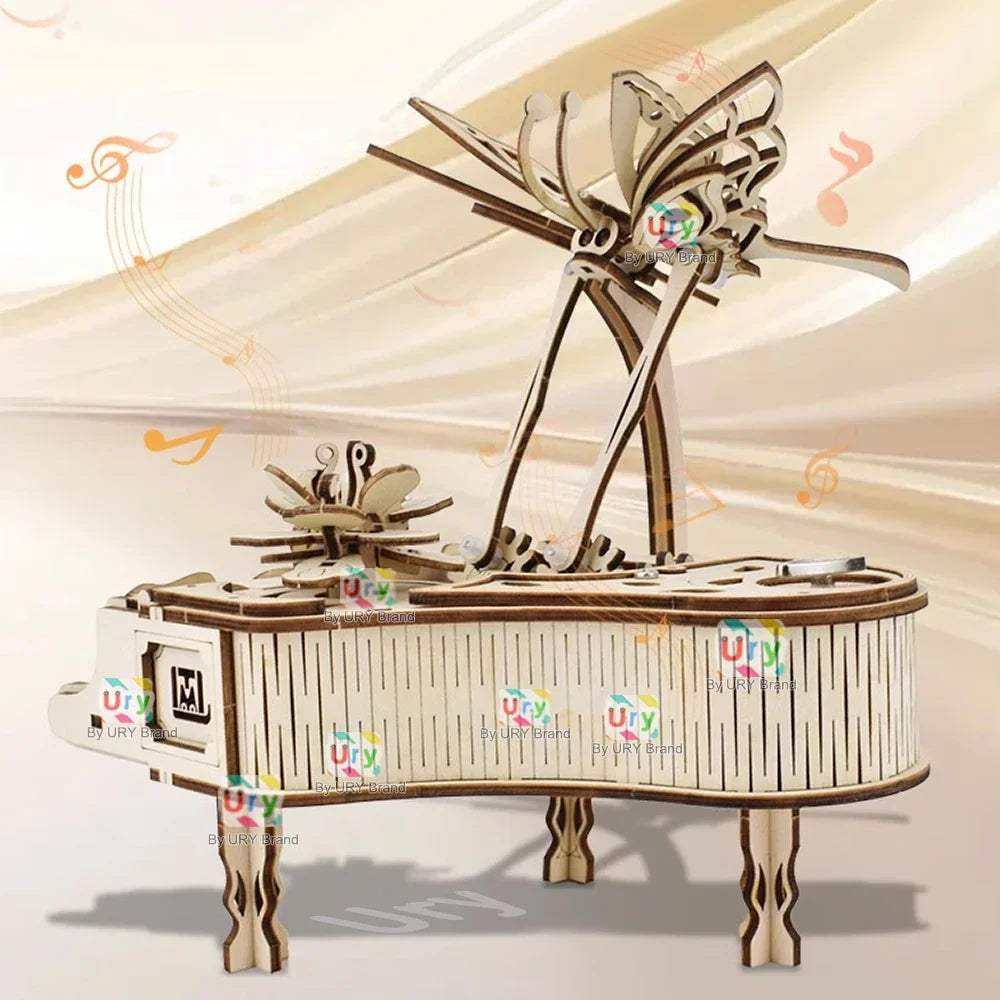 URY 3D Wooden Butterfly Grand Piano Hand Crank Musical Movement DIY Retro Toy Rhythm Device Model for Children Christmas Gift
