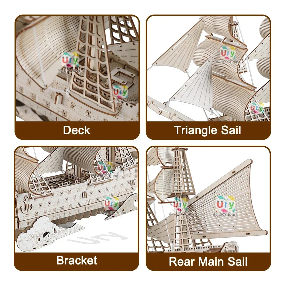 URY DIY 3D Wooden Puzzle Retro Sailboat Carrack Ship Model Kit Toys Handmade Set Home Desktop Decoration Christmas Gift for Kids