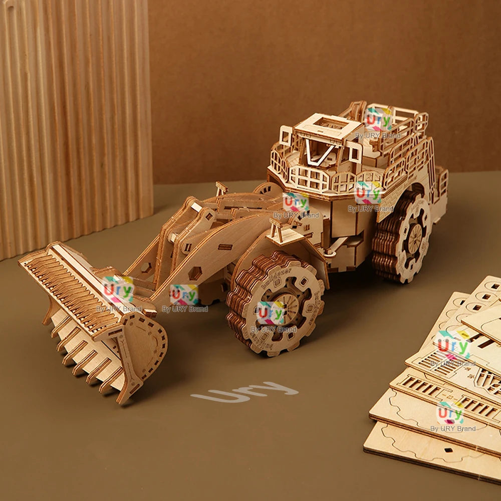 Ury 3D Wooden Puzzle Movable Engineering Vehicle Forklift Bulldozer Assembly Truck Car Model DIY Toys Decoration Gift for Kids