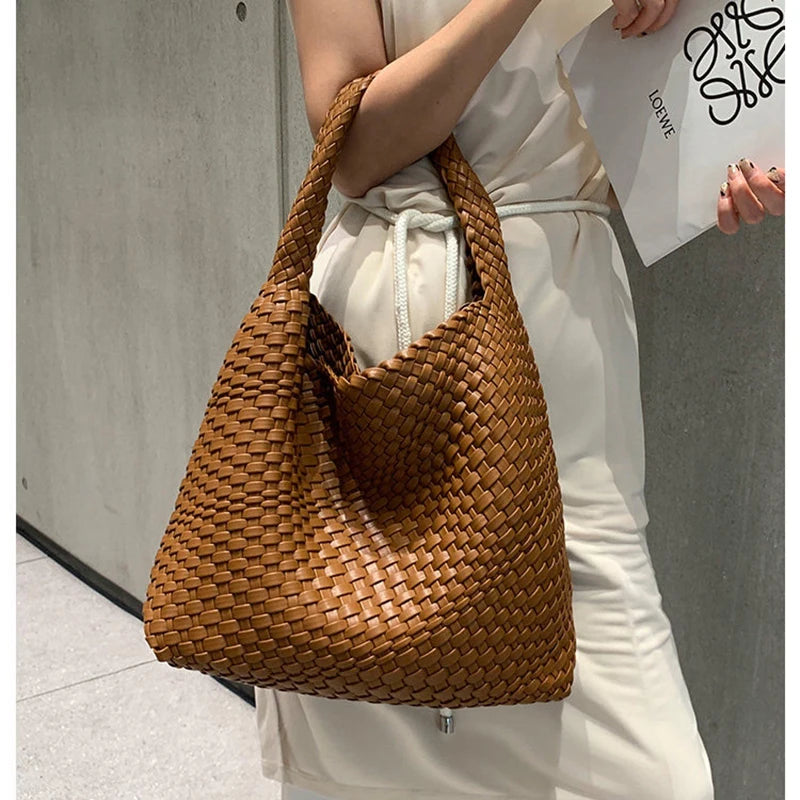 2025 Fashion Soft Hobo Weave Shoulder Handbag With Insert Organizer Woven Vegan Leather Top-handle Tote All-Match Underarm Bag