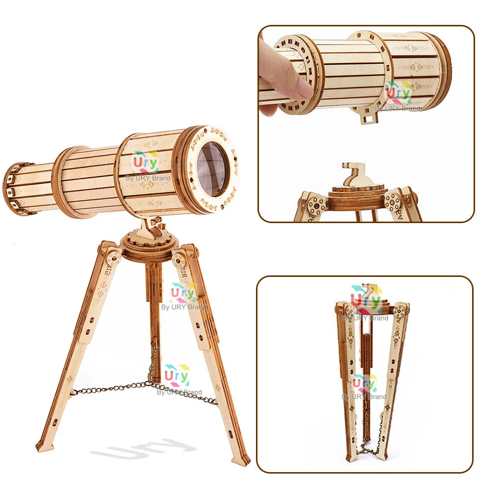 Ury 3D Wooden Puzzle Astronomical Telescope Model Mechanical Gear Kit Science Toy Hand Assembly Decoration Gift for Kid Adult