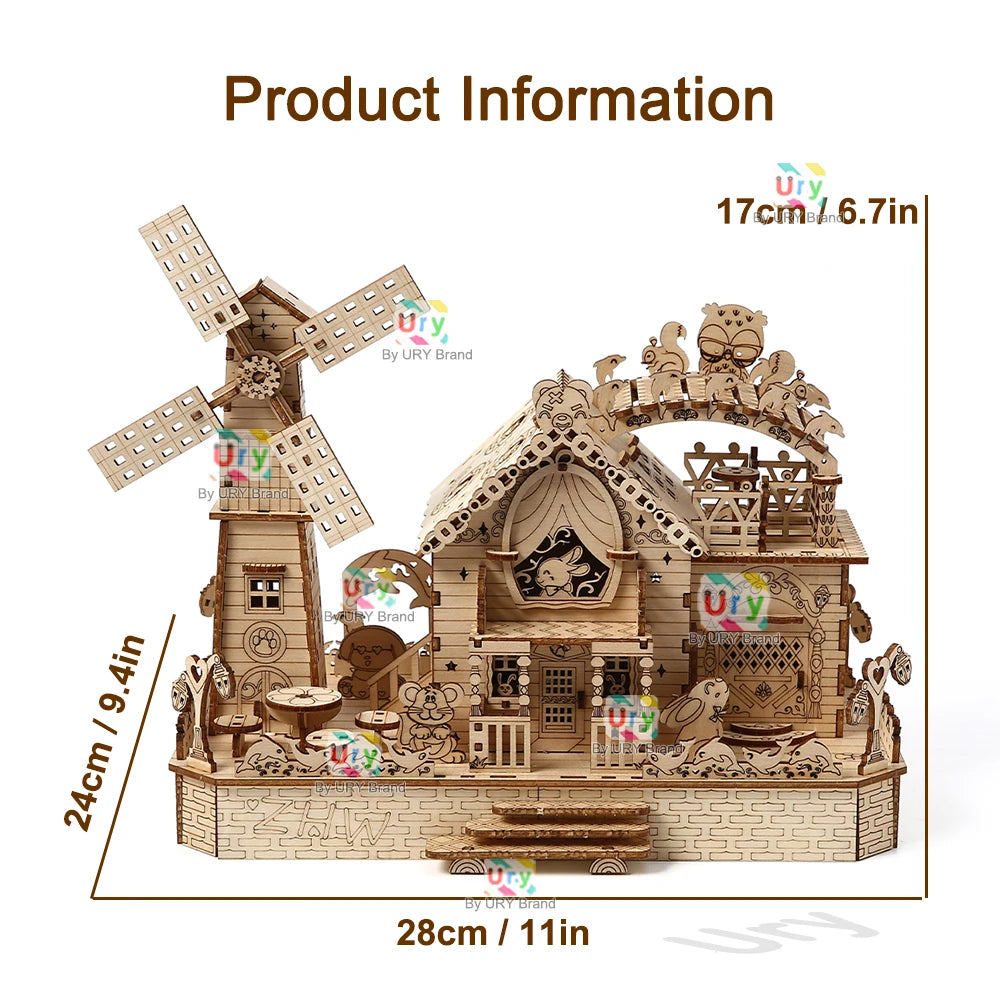 Rotatable DIY 3D Wooden Music Box Puzzles Electric Zoo Animals Hut House Model Mechanical Kits Decor Toys Gifts for Kids