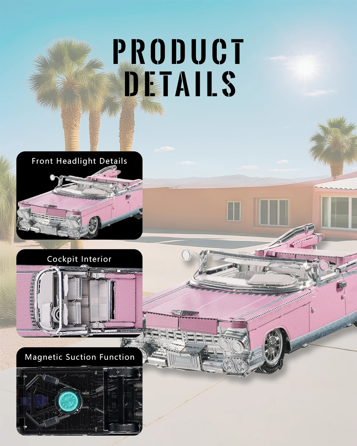 Piececool 3d Metal Model Kits Classic Pink Cabriolet Fridge Magnet
