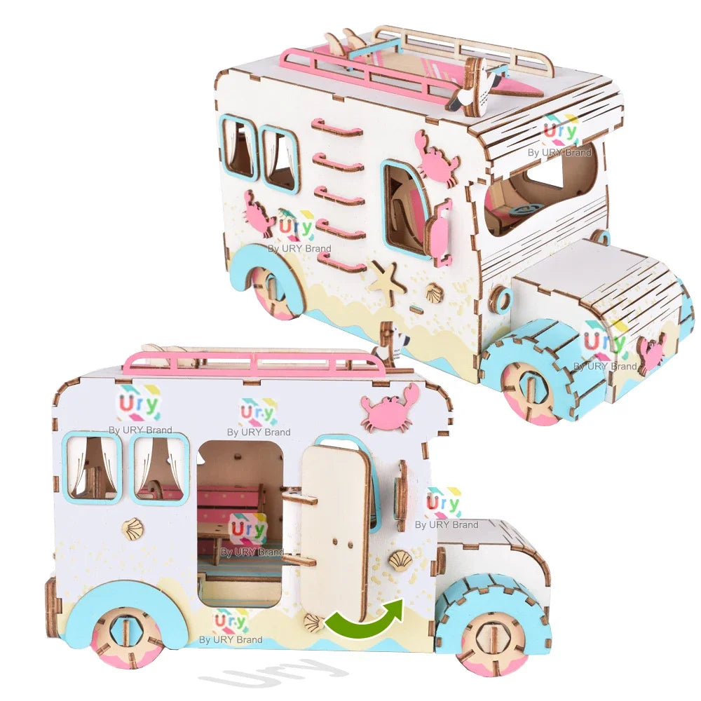 Ury 3D Wooden Puzzle Colorful Dessert Cart Beach Camping RV Truck Movable Retro Vehicle Assembly Model Decoration Gift for Kids