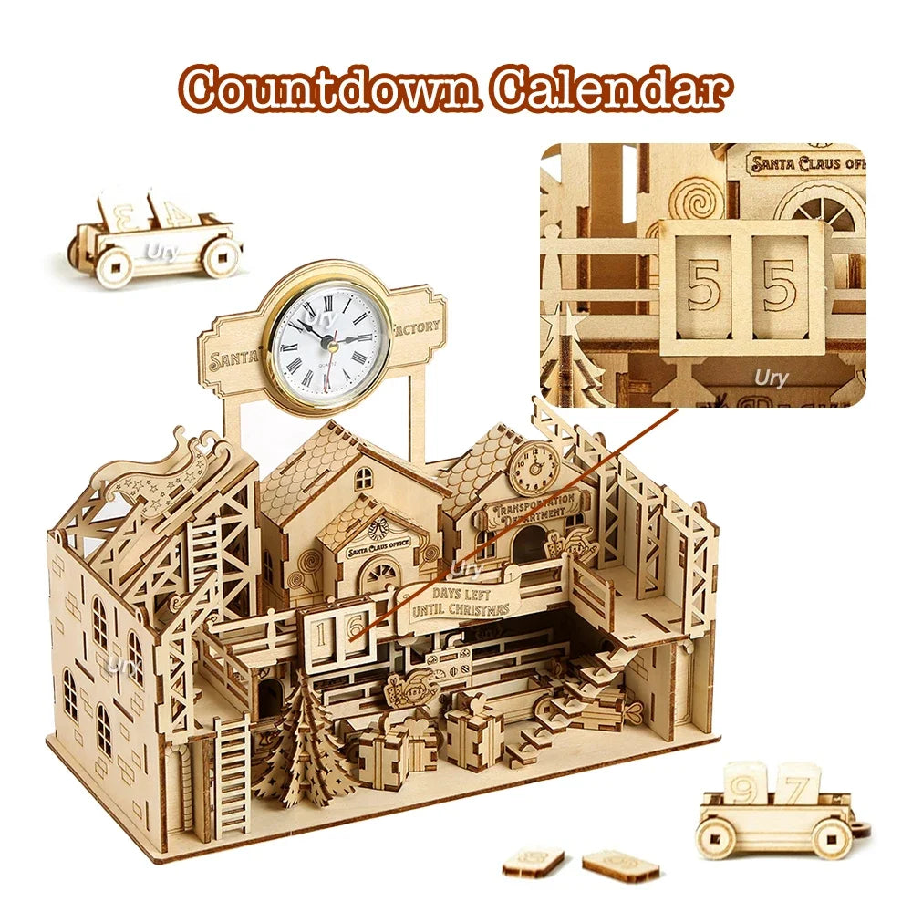 Ury 3D Wooden Puzzle Christmas Factory Table Clock Countdown Calendar Retro Toy for Kids Adults DIY Model Kit Decoration Gifts