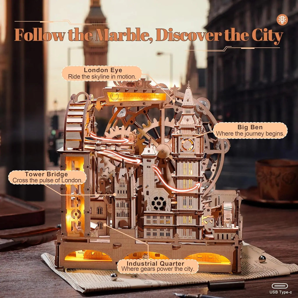 Robotime Rokr 3D Wooden Puzzles London City Miniature Marble Run Building Toys DIY Pinball Machine Model Kits Gear Ball Challeng