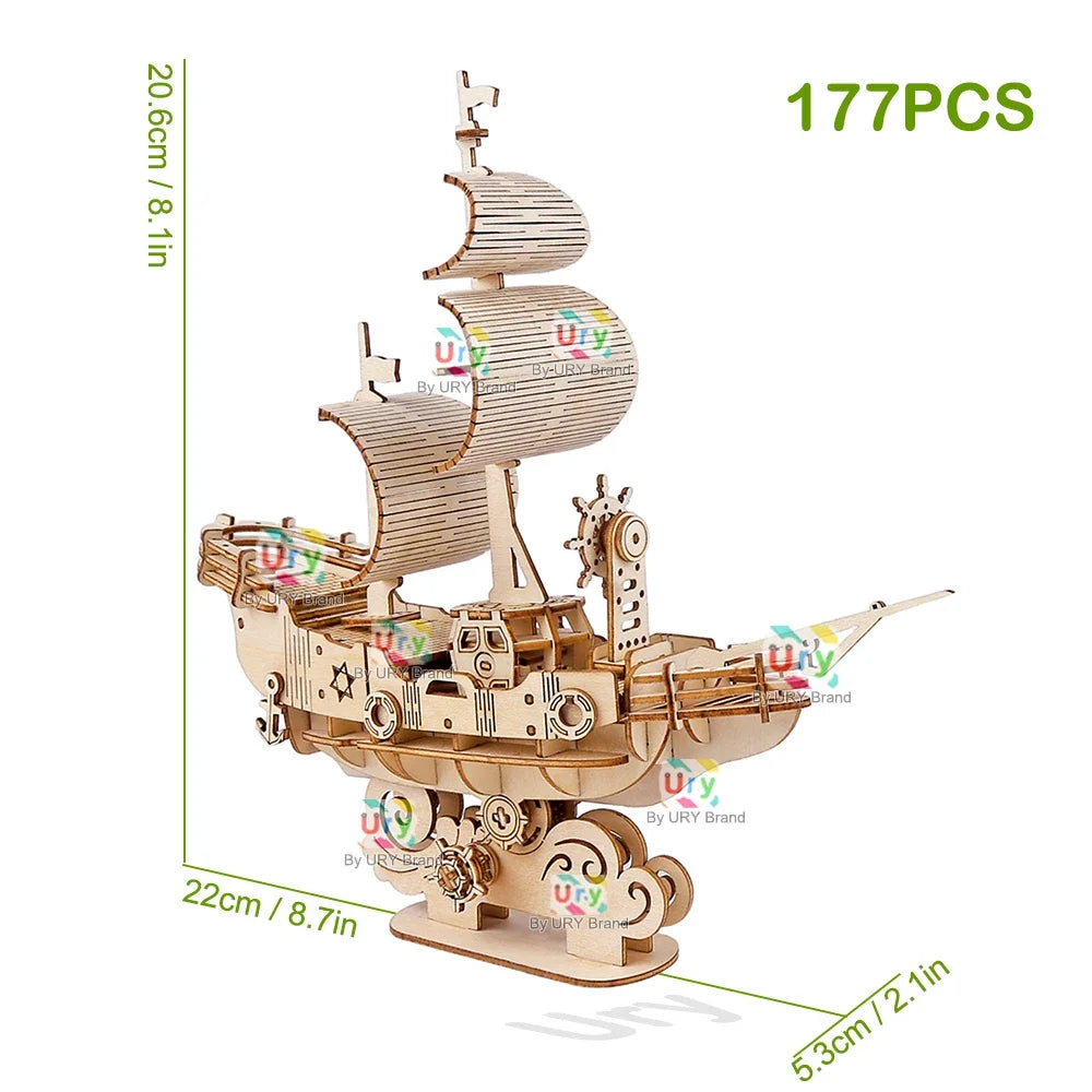 Ury DIY 3D Wooden Puzzle Retro Style Sailboat Shipping Model Toys Handmade Set Home Desktop Decoration Christmas Gifts for Kids