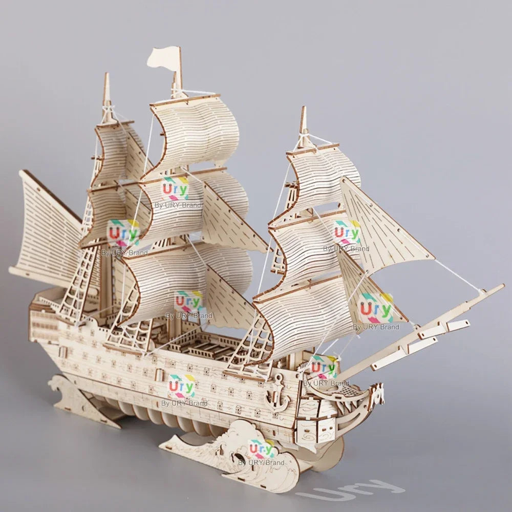 URY DIY 3D Wooden Puzzle Retro Sailboat Carrack Ship Model Kit Toys Handmade Set Home Desktop Decoration Christmas Gift for Kids