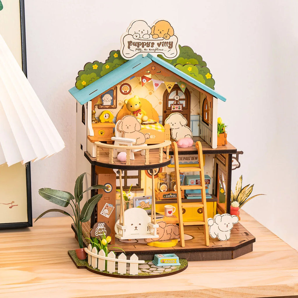 Robotime Rolife DIY Puppy's Cozy Villa House Miniature Kits for Kids and Family New Wooden Puzzle Model Home Decoration Set