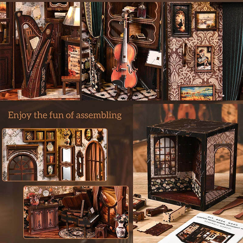 European Melody Musical Instrument Box DIY Miniature House, 3D Puzzle Bookend Model, Wooden Bookend. Creative Gift