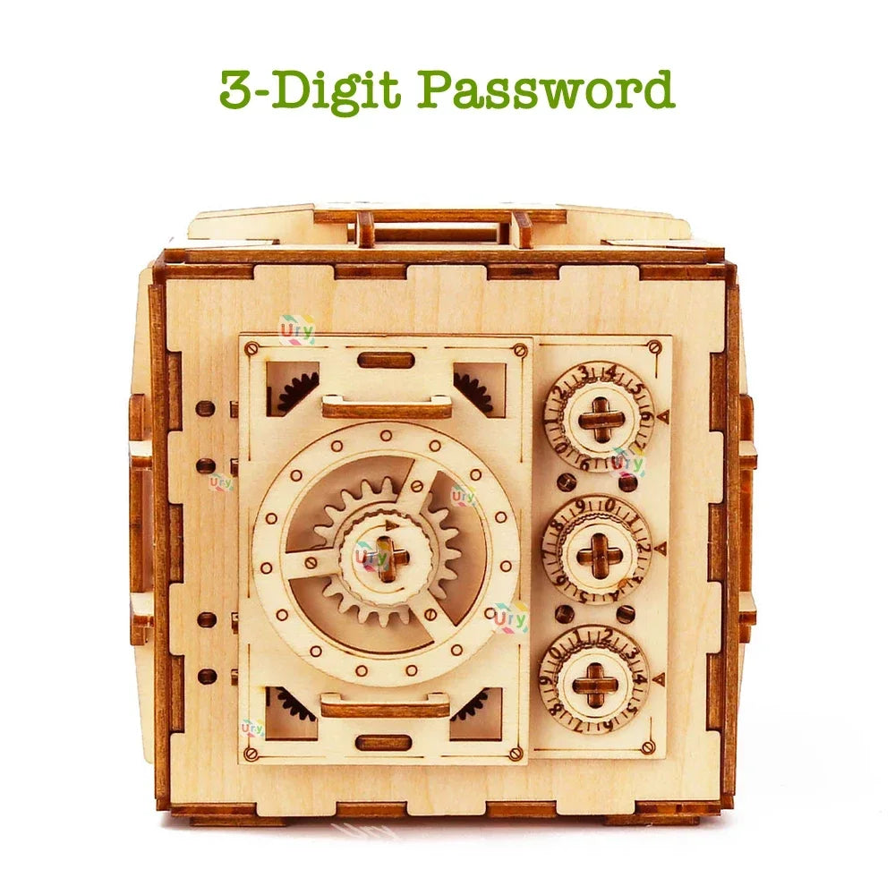 URY 3D Wooden Puzzle Password Treasure Money Box Piggy Bank DIY Advanced Assembly Model Toys Creative Gift for Lady Girls