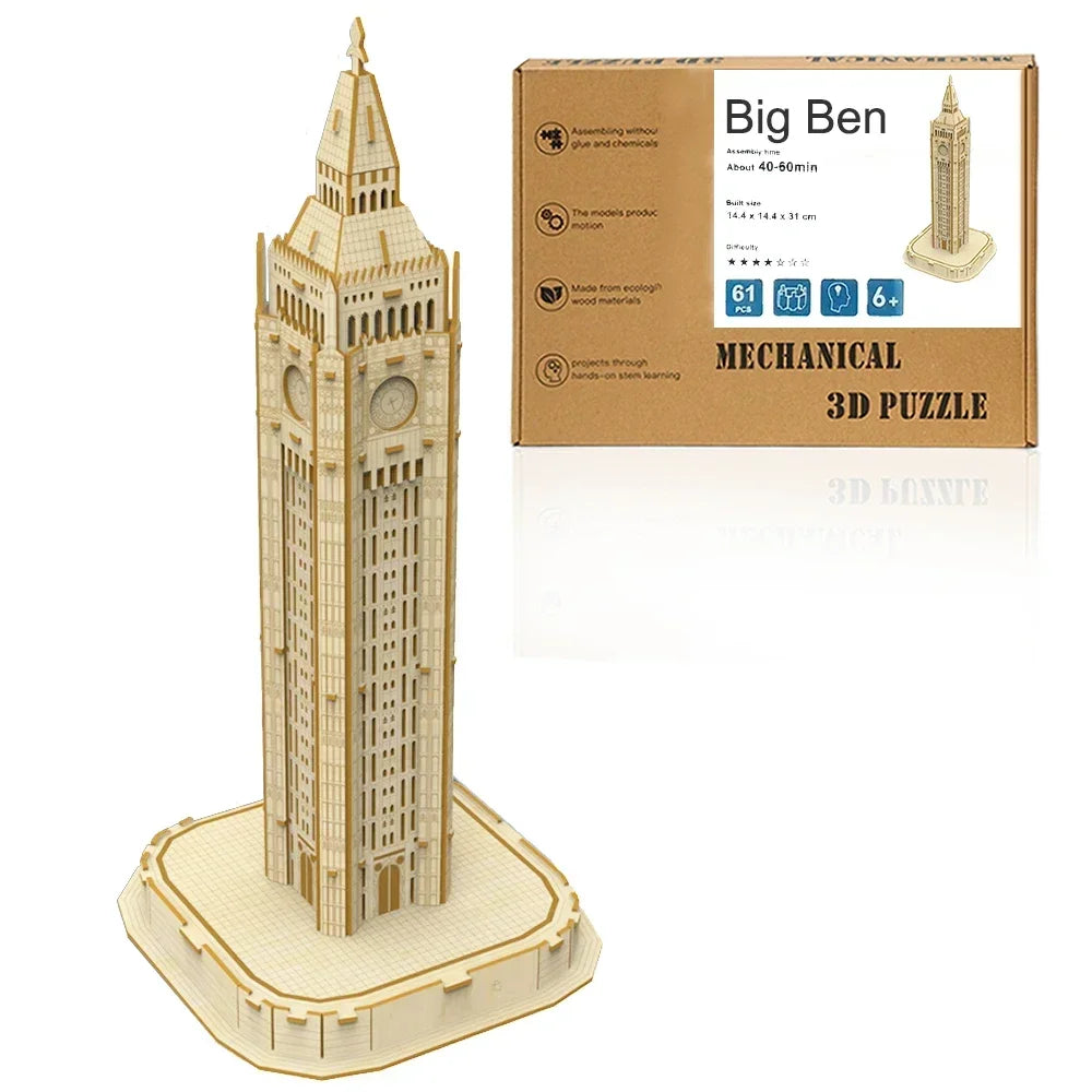 Ury 3D Wooden Puzzle Eiffel Tower Leaning of Pisa Famous European Classics Building World Architecture Model DIY Toys Decoration