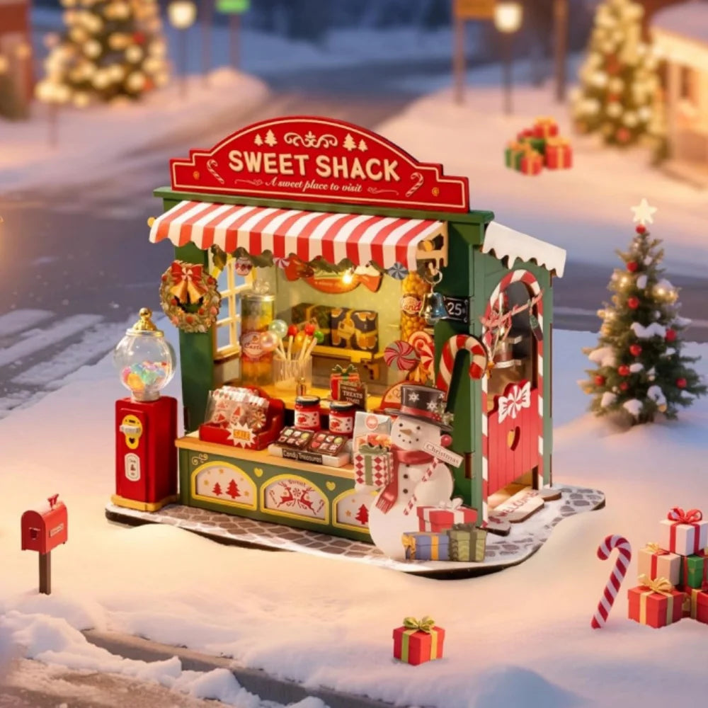 Robotime Miniature House Kit Christmas Candy Stall 170-Piece Model Kit Dolls House 3D Puzzle Mini House Christmas Decor