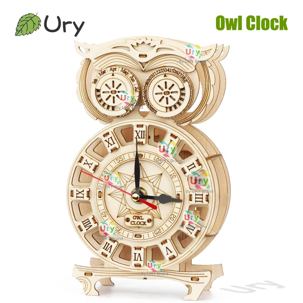 Ury 3D Wooden Puzzle Retro Pendulum Owl Wall Clock Model Set Hygrometer Mechanical Gear Decoration Hand-assembled Toy Kids Gift