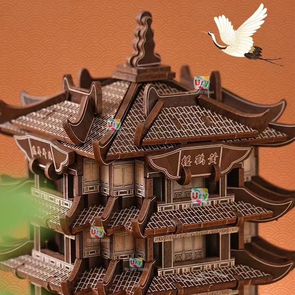 Ury 3D Wooden Puzzle Chinese Yellow Crane Tower Ancient Pagoda Traditional Building DIY Model Assembly Desktop Gift for Adult