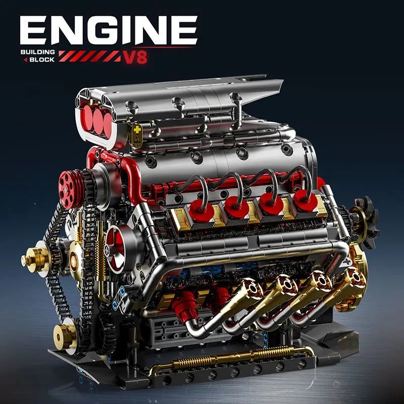 GQ3703 1176PCS V8 Engine Model Sports Car Simulation Cylinder Chain Drive Engine Building Blocks Ornaments Bricks Toy Kids Gift