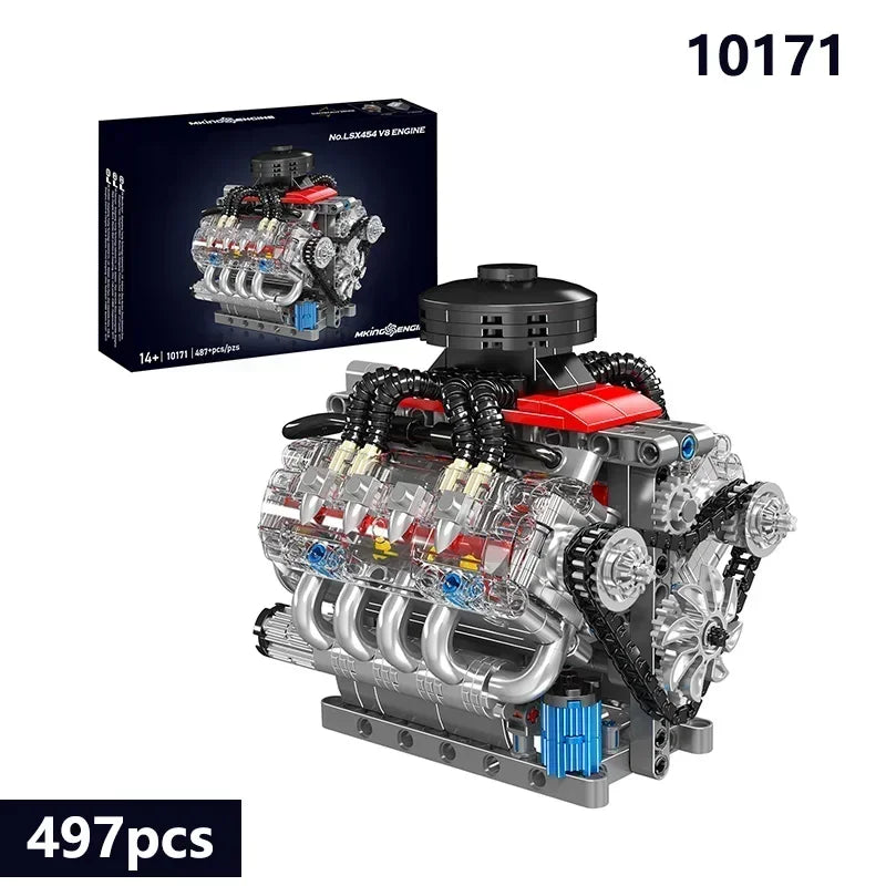 Mould King 10171 V8 Engine Model Bricks Kit - 497pcs Motorized Electrically Drive Building Blocks with L Motor & Power Functions