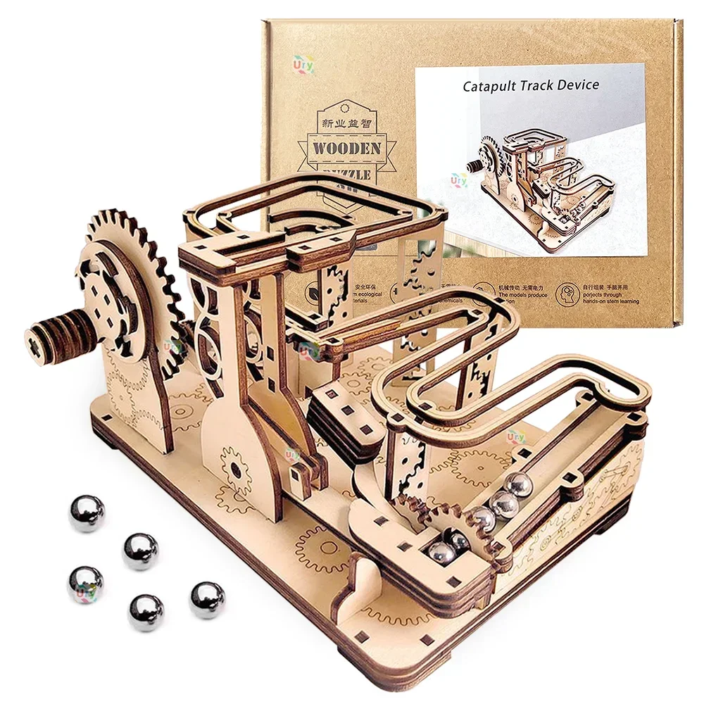 Ury 3D Wooden Puzzles Catapult Track Device Marble Run Set Mechanical Manual Model Science Maze Ball Assembly Toy Gift for Teens