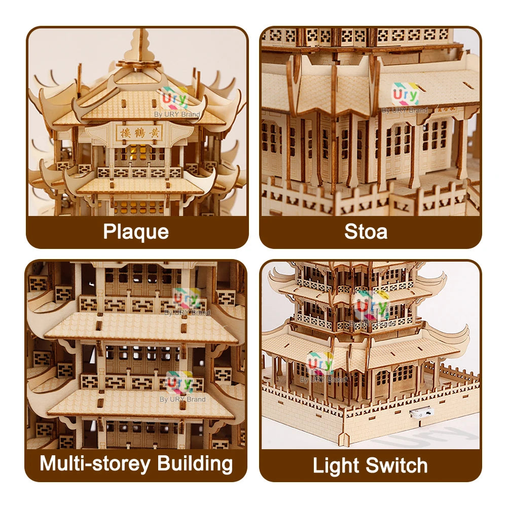 Ury 3D Wooden House Chinese Traditional Puzzle with Light Building DIY Model Game Assembly Desktop Toy Gift for Children Adult