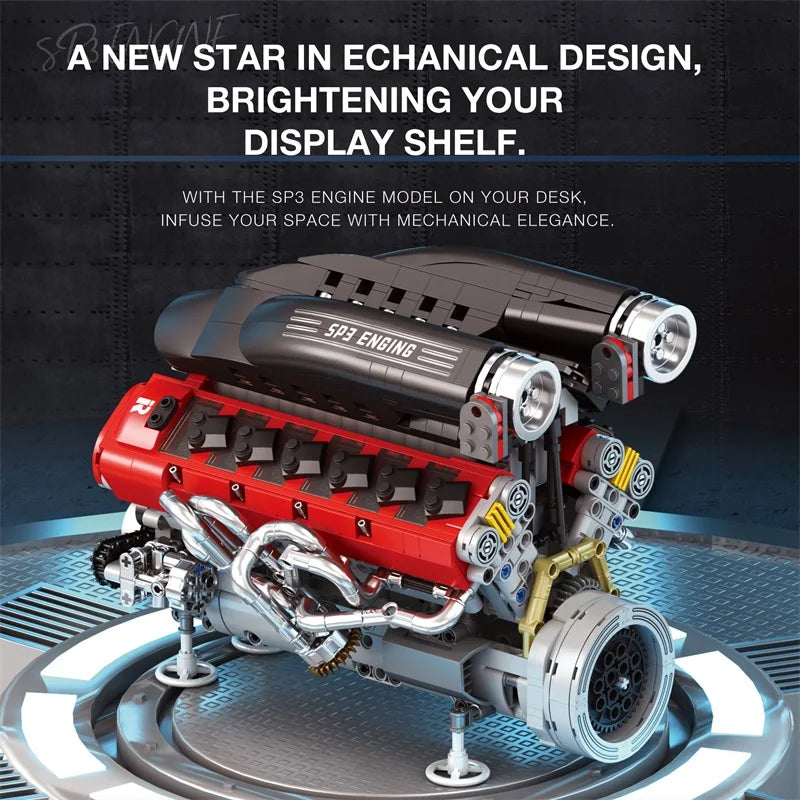 SP3 Detailed Working Powered Engine Model Bricks Motor Building Blocks Model Technical Hobby Toy Desktop Display Christmas Gifts