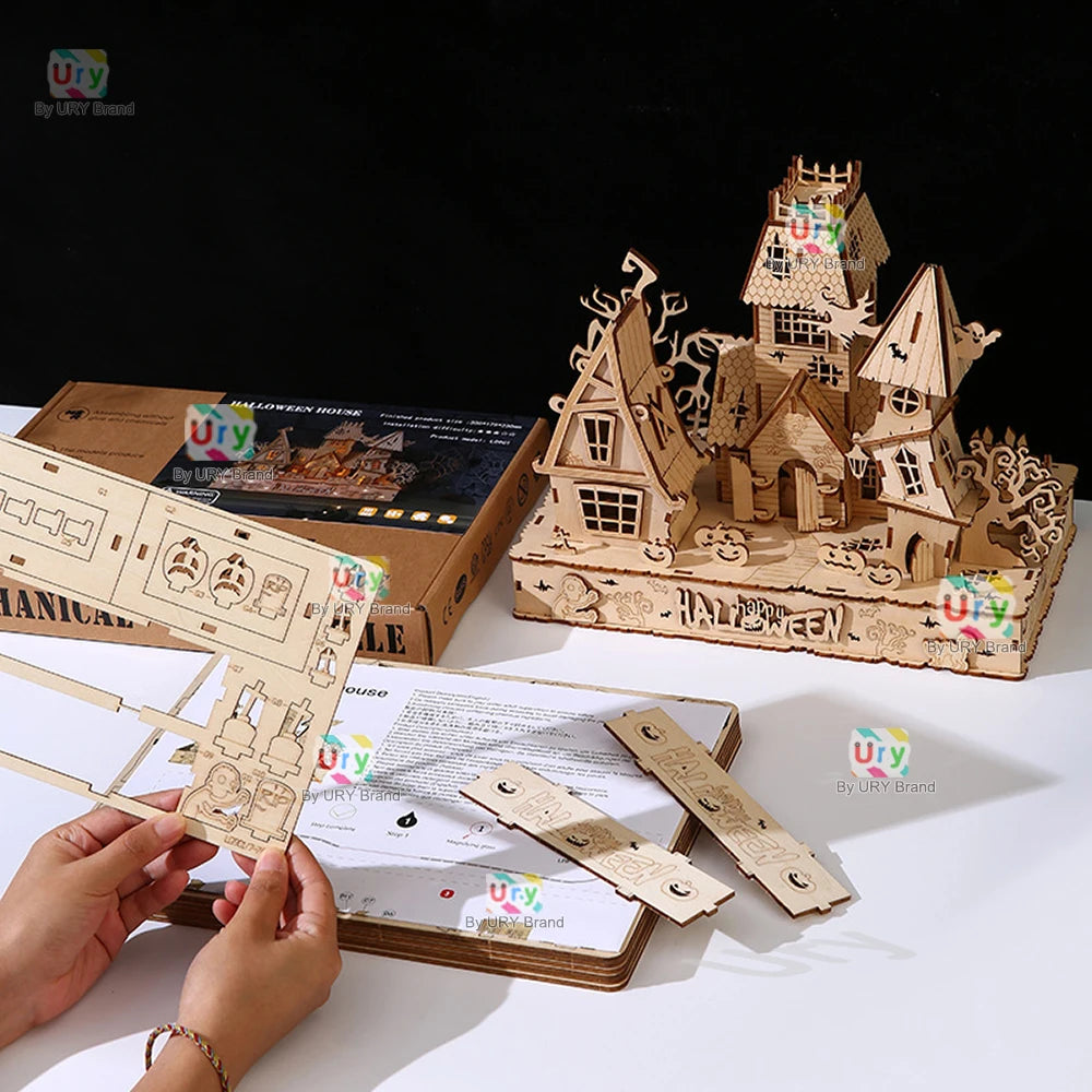 URY New 3D Halloween Haunted House Wooden Puzzle Ghost Tree Light DIY Model Craft Kits Desk Decoration Toys Gift for Kids