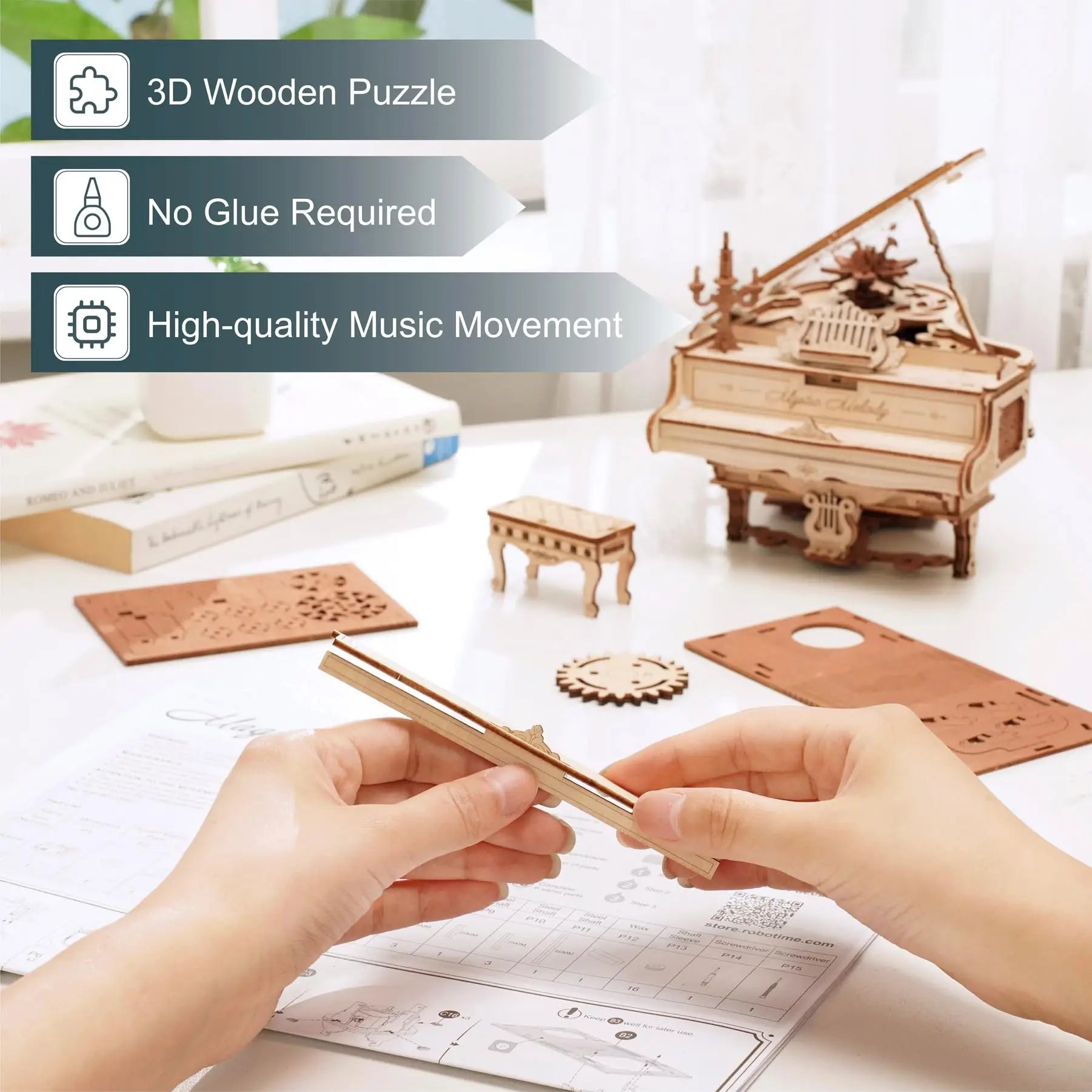 Robotime Rokr Magic Piano Mechanical Self-playing Music Box for Kids and Adults Building Block Kits Toys 3D Wooden Puzzle AMK81
