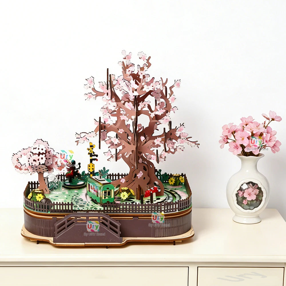 Ury 3D Wooden Puzzle Colorful Cherry Blossom Tree Rotatable Tourist Train Music Octave Box Model Assembly DIY Toy Gift for Adult